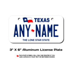 CUSTOM PERSONALIZED TEXAS STATE BICYCLE LICENSE PLATE WITH TEXT 3" x 6" vanity 