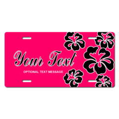  Personalized Pink Background / Black Hawaiian Flowers License Plate for Bicycles, Kid's Bikes, Cart