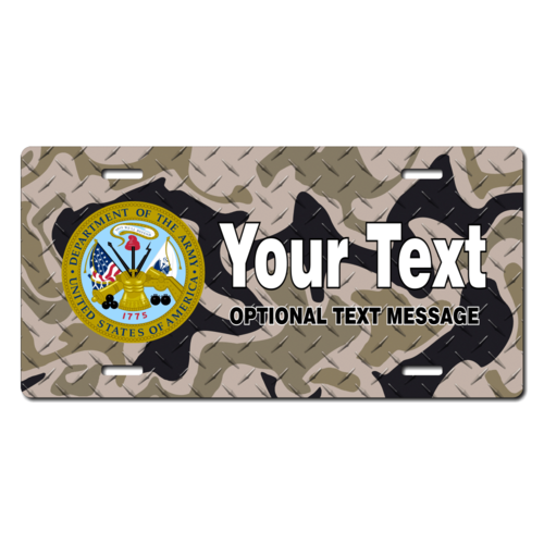 Personalized U.S. Army Seal / Brown Camo Background License Plate for Bicycles, Kid's Bikes, Carts, 