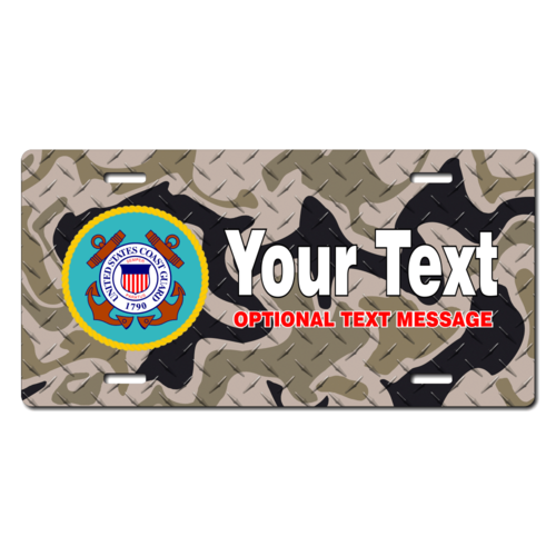 Personalized U.S. Coast Guard Seal / Brown Camo Background License Plate for Bicycles, Kid's Bikes, 