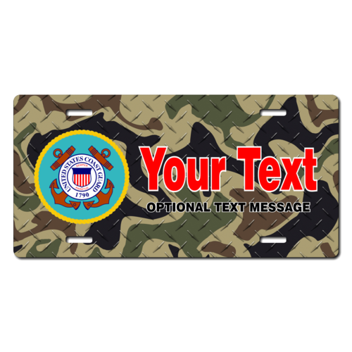 Personalized Coast Guard Seal / Woodland Camo Background License Plate for Bicycles, Kid's Bikes, Ca