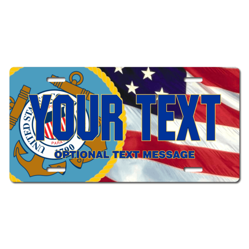 Personalized Coast Guard Seal / American Flag Background License Plate for Bicycles, Kid's Bikes, Ca