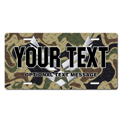 Personalized U.S. Air Force Silver Emblem w/ Woodland Camo Background License Plate for Bicycles, Ki