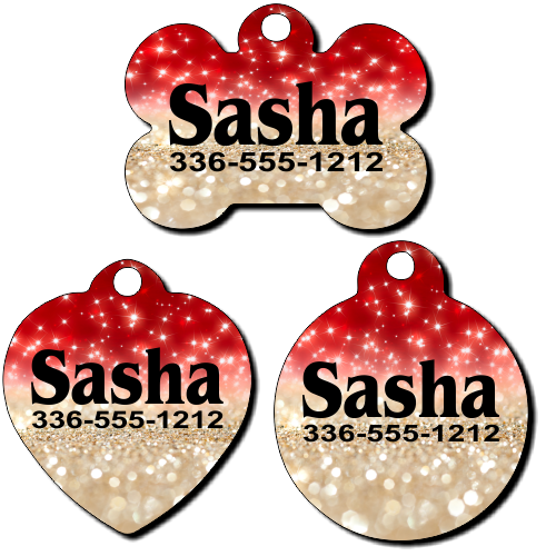 Personalized Red and Gold Sparkles Background Pet Tag for Dogs and Cats