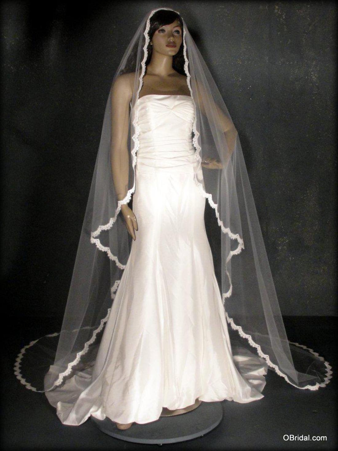 YouLaPan Cathedral Length Thin Scallop Lace Trim Single Tier Edge Wedding Veil Mantilla White / 300cm 118 inch