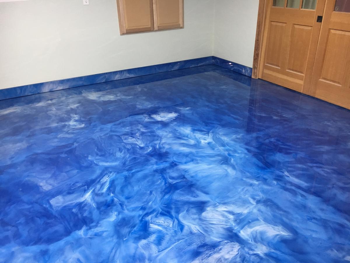 Beautiful Blue & Charcoal Pearl Epoxy Garage Floor with Matching Epoxy Baseboards Oregon Coast