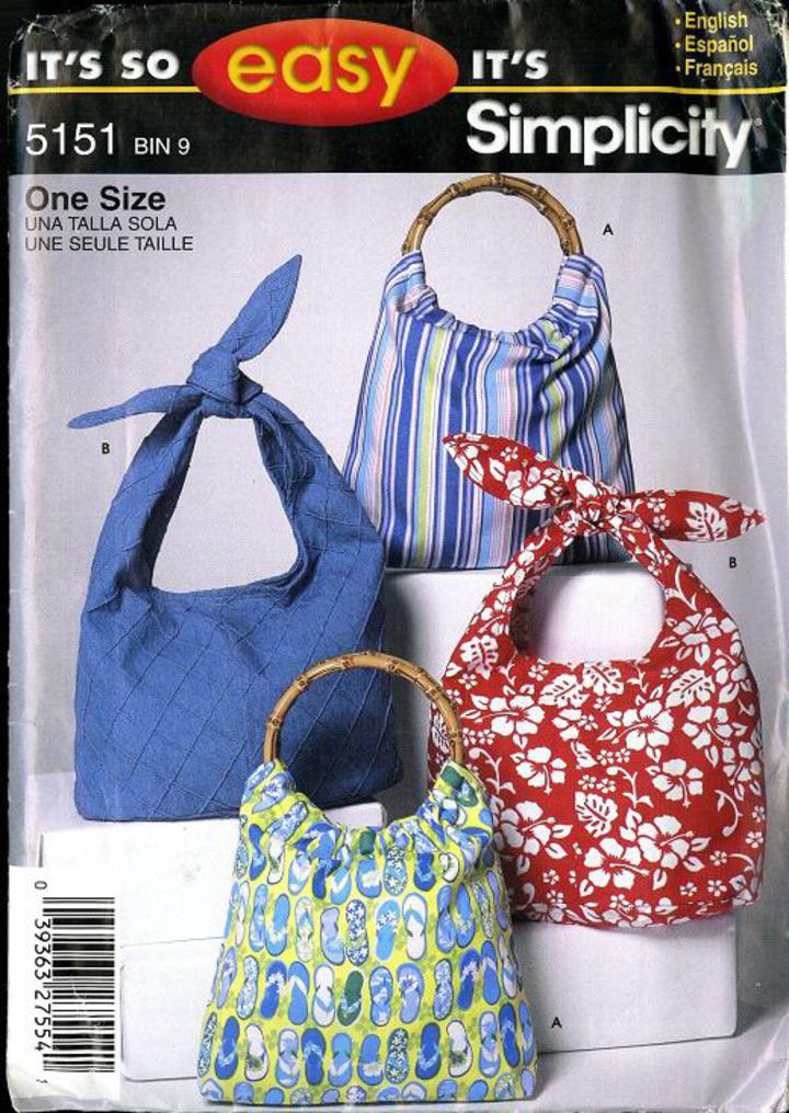 2004 Simplicity #5151 Sewing Pattern, Misses' Set of Bohemian Retro HOBO  Bags (S5151)