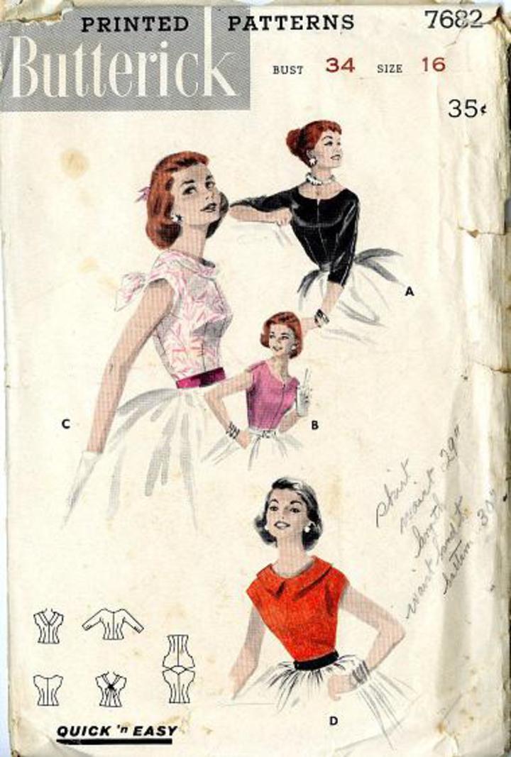 Vintage Pattern Warehouse, vintage sewing patterns, vintage fashion,  crafts, fashion - 1951 Butterick #7682 Misses' Old Hollywood Style Blouse  Neckline Variations