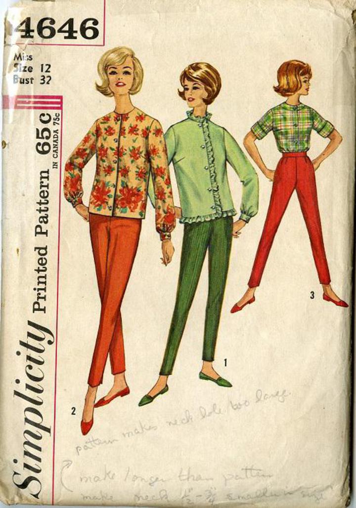 1960's Simplicity #4646 Vintage Sewing Pattern, Misses' Blouse and Slim  Pants, Size 12 (S004646)
