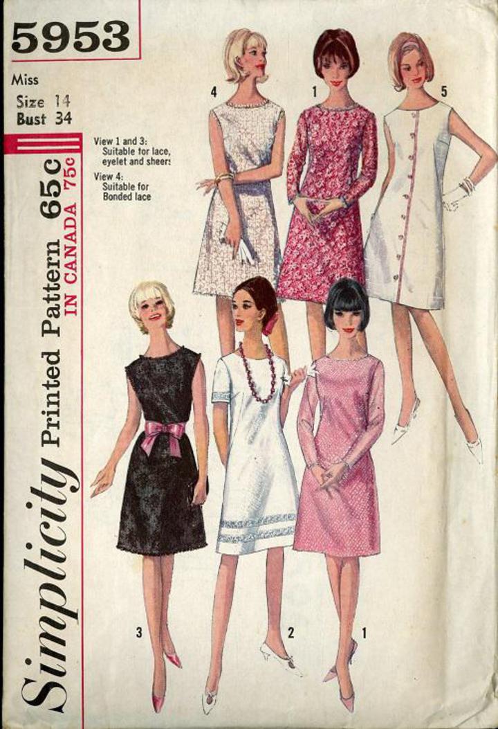 1965 Simplicity #5953 Vintage Sewing Pattern, Misses' Classic A-Line Dress  Size 14 (S5953)