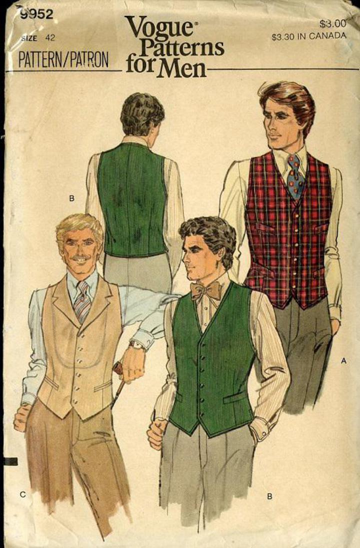 1970's Vogue #9952 Vintage Sewing Pattern, Men's Single-Breasted Vest Size  42 (V9952)